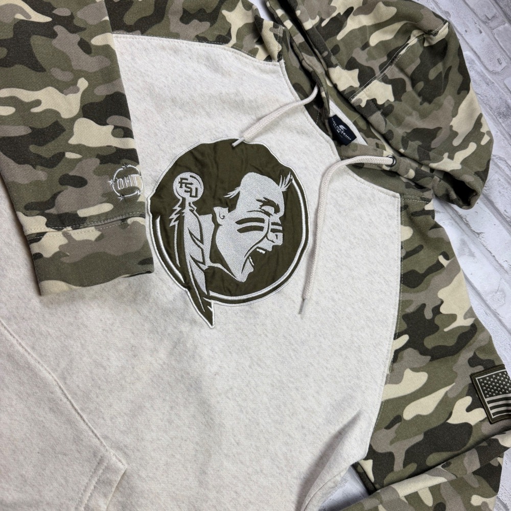 Colosseum FSU Seminoles Hoodie Mens M Tan Camo Raglan Logo OHT Sweatshirt Good